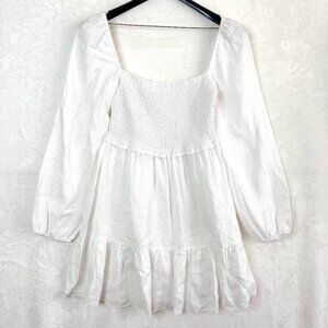 Aritzia Wilfred New Tempest 100% Organic Linen Mini Dress Womens L White Smocked